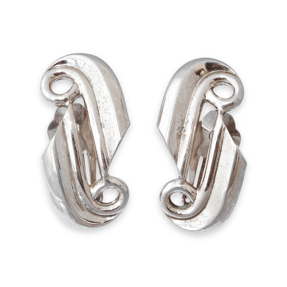 Vintage Bergere Clip On Earrings Silver Tone Modernist Scroll Mid-Century Modern